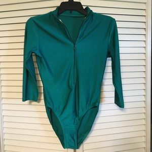 Natalie green mockneck zipper leotard, Adult L